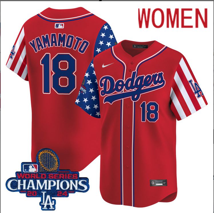 Women MLB Los Angeles Dodgers #18 Yamamoto American Style red 2024 World Series Champions  Limited Jersey